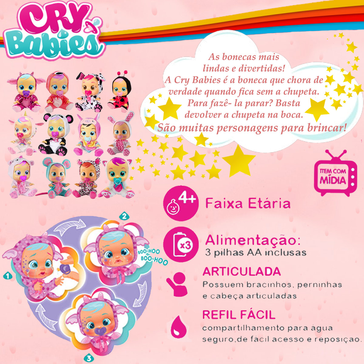 Boneca Cry Babies Que Chora de Verdade Para Bebe - Multikids