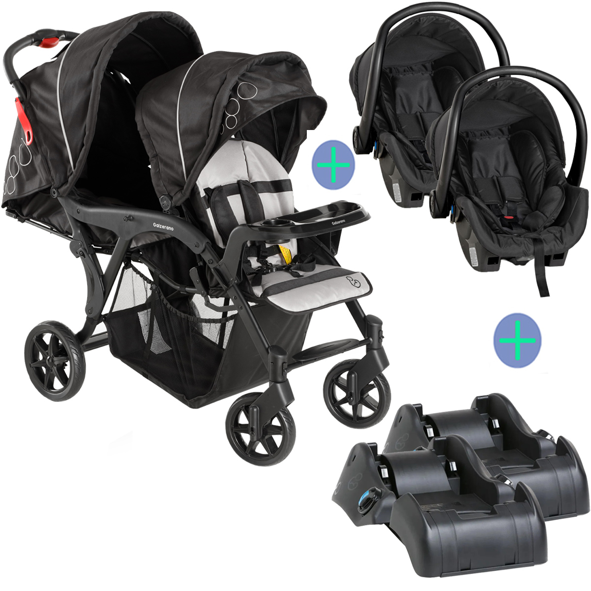 Carrinho de Bebê Gêmeos Denver Duo Reclinável De 6M a 15Kg Galzerano + Bebê Conforto Cocoon + Base para Carro