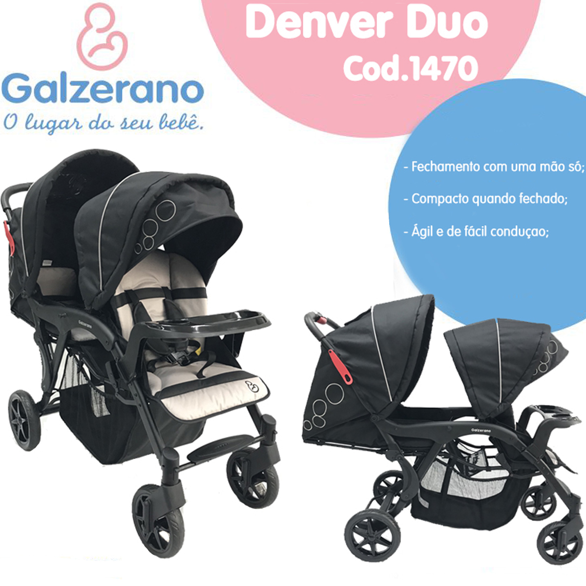 Carrinho de Bebê Gêmeos Denver Duo Reclinável De 6M a 15Kg Galzerano + Bebê Conforto Cocoon + Base para Carro