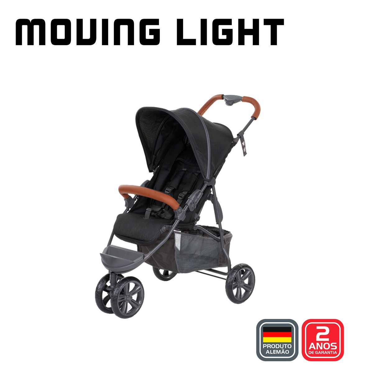 Carrinho Bebê Passeio Reclinavel 4 Posições Função Berço 6 Meses a 15 Kg Moving Light Woven Black Com Couro - Abc Design