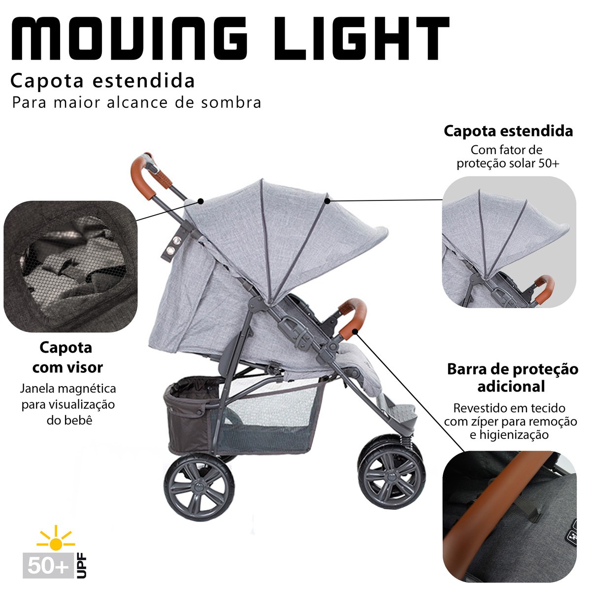 Carrinho de Bebê Passeio Reclinavel 4 Posições Função Berço 6 Meses Até 15 Kg Moving Light Woven Grey Com Couro Abc Design