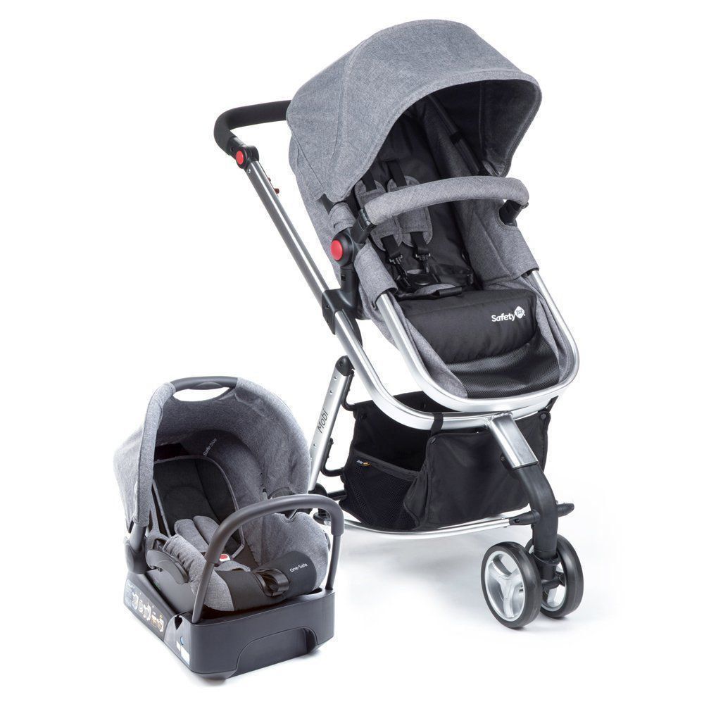 Carrinho de Bebê Travel System Mobi Grey Denim Silver + Bebê Conforto + Base