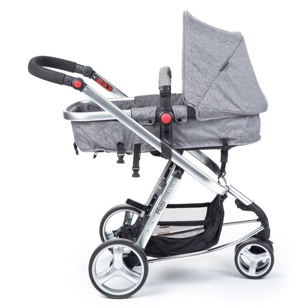 Carrinho de Bebê Travel System Mobi Grey Denim Silver + Bebê Conforto + Base