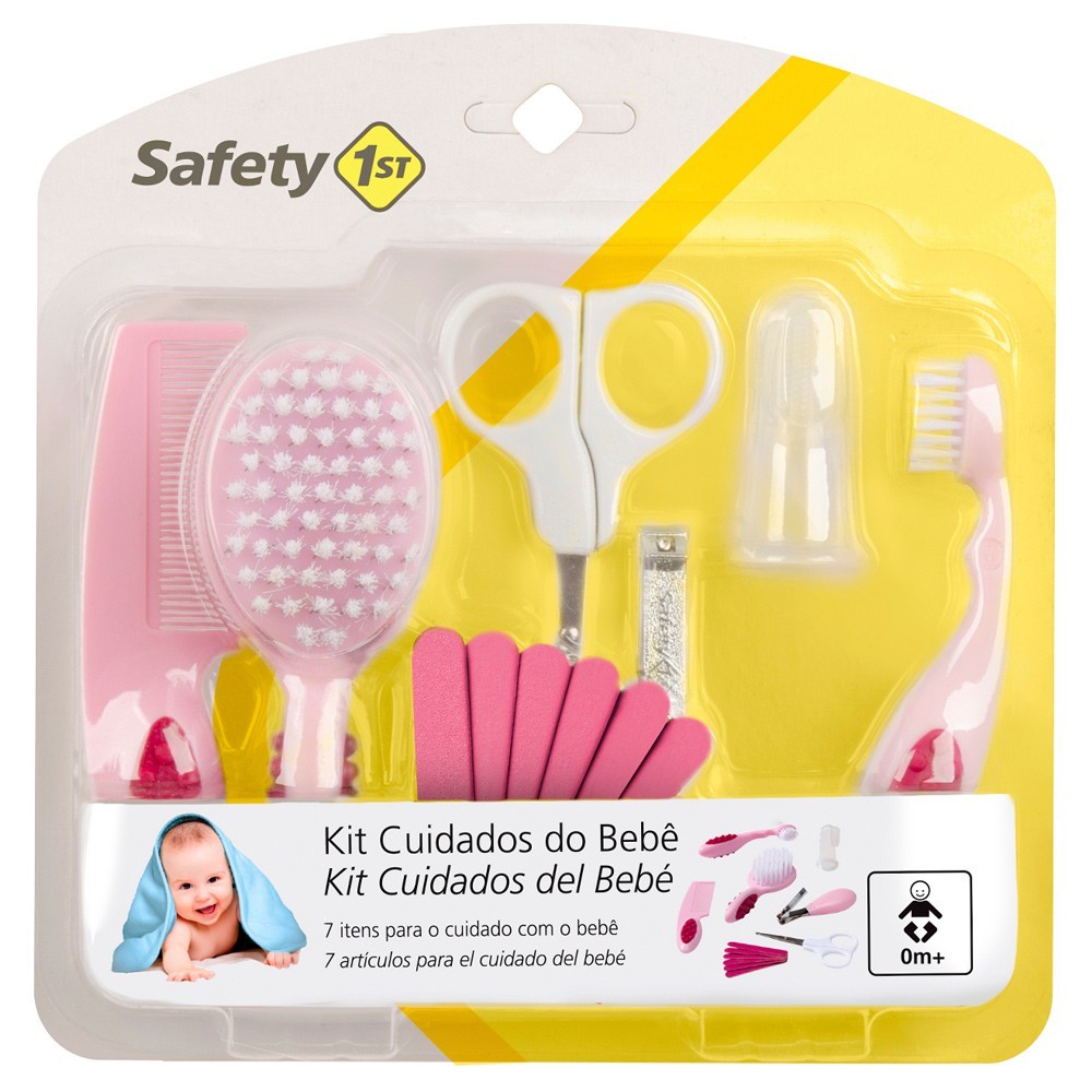 Kit Primeiros Cuidados de Seu Bebê Pente Escova Cortador de Unha Tesoura Safety 1st Rosa