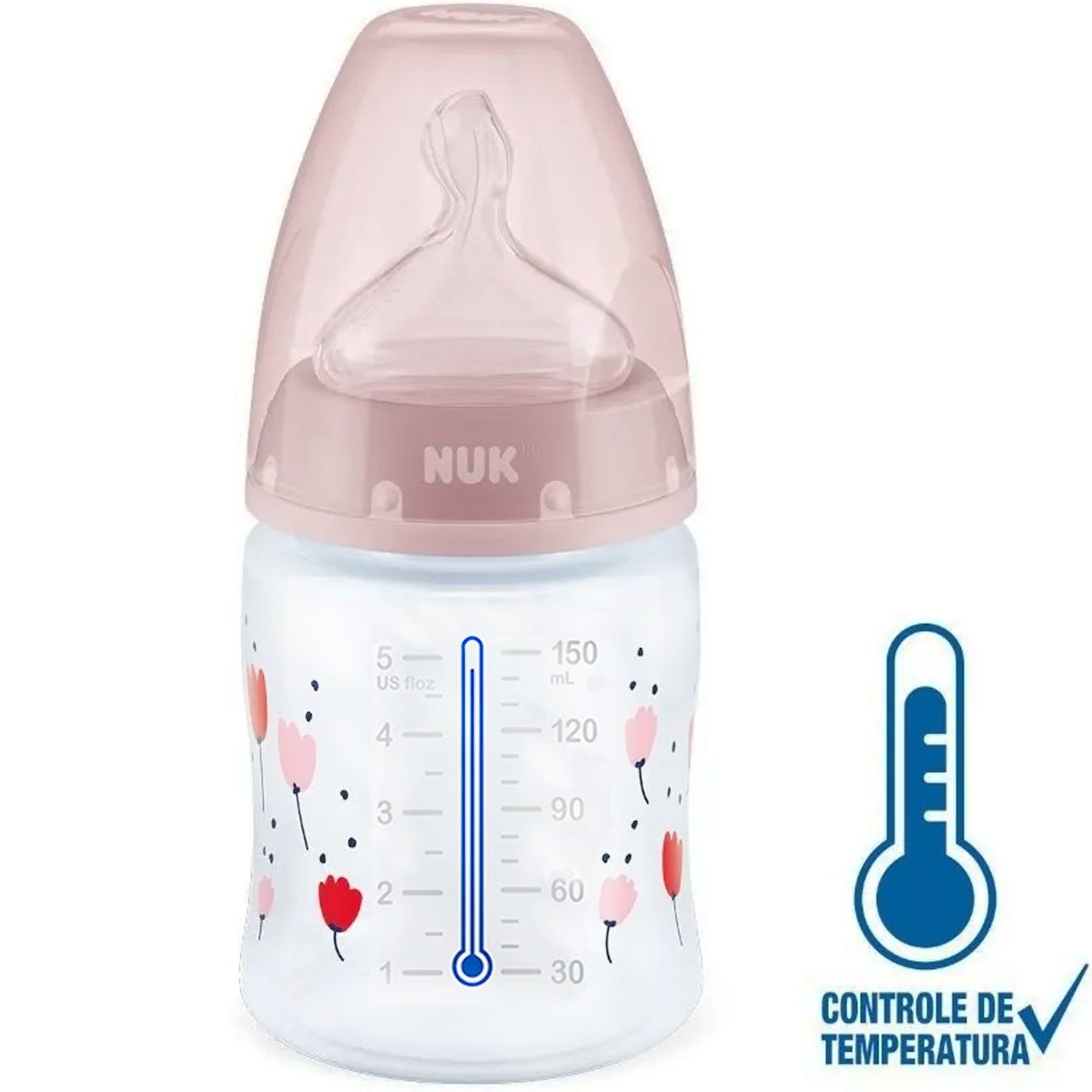 Mamadeira de Bebê Nuk Anticólica com Controle de Temperatura 150ml Tam.1 Rosa