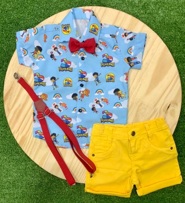 Bermuda Amarela com Camisa 3 Palavrinhas e Kit Gravata e Suspensório Infantil