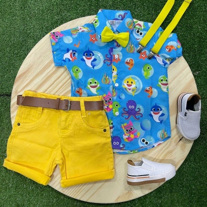 Bermuda Amarela com Camisa Baby Shark Azul com Kit Gravata e Suspensório Infantil