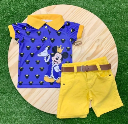 Bermuda Amarela com Camiseta Polo Mickey Realeza Infantil