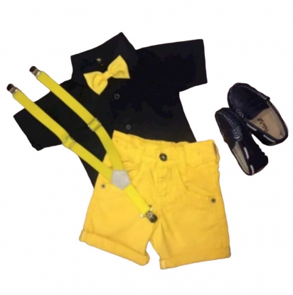 Bermuda Amarela com Suspensorio e Camisa Preta com Gravata
