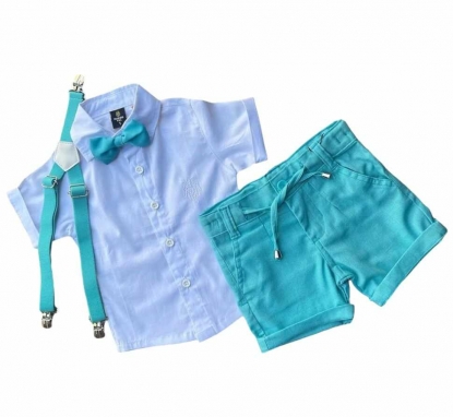 Bermuda Azul com Camisa Branca Curta e Kit Gravata e Suspensório Infantil