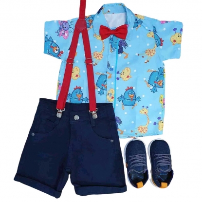 Bermuda Azul Marinho com Camisa Galinha Pintadinha Infantil