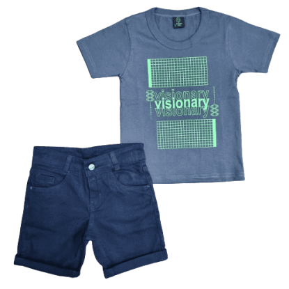 Bermuda Azul Marinho Jeans com Camiseta Cinza Visionary Infantil
