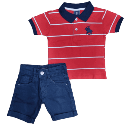 Bermuda Azul Marinho Jeans com Camiseta Polo Listrada em Vermelho e Azul Infantil