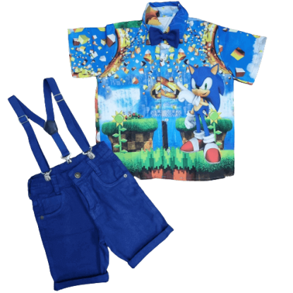 Bermuda Azul Royal com Camisa Sonic e Kit Gravata e Suspensório Infantil