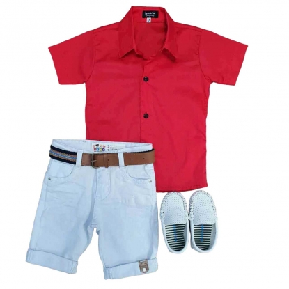 Bermuda Branca com Camisa Vermelha Infantil