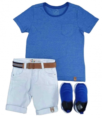 Bermuda Branca com Camiseta Azul com Bolso Infantil