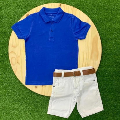 Bermuda Branca com Camiseta Polo Azul Royal Infantil
