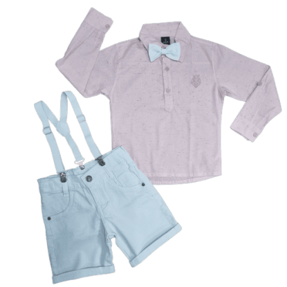 Bermuda Branca e Camisa Bata Rosa com Gravata e Suspensório Infantil