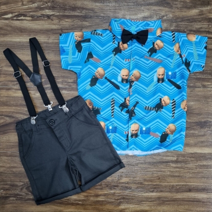 Bermuda de Brim Preta com Camisa Poderoso Chefinho Infantil