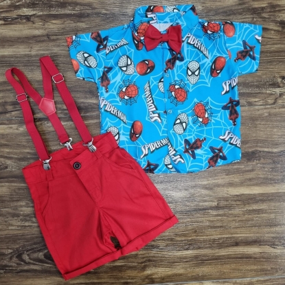 Bermuda de Brim Vermelha com Camisa Homem Aranha Infantil