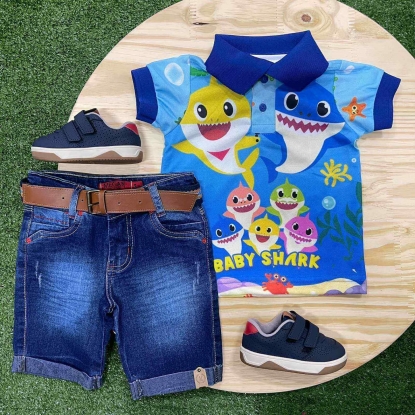 Bermuda Jeans com Polo Baby Shark Azul Infantil