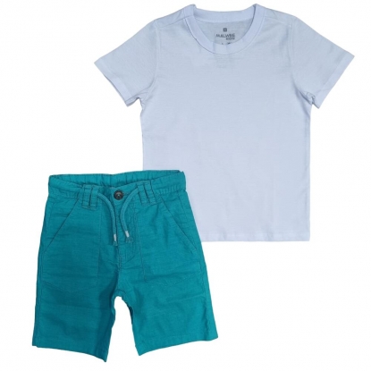 Bermuda Jeans Verde Com Cordão e Camiseta Branca Infantil