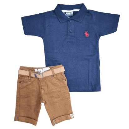 Bermuda Marrom Jeans com Camiseta Polo Azul Marinho Infantil