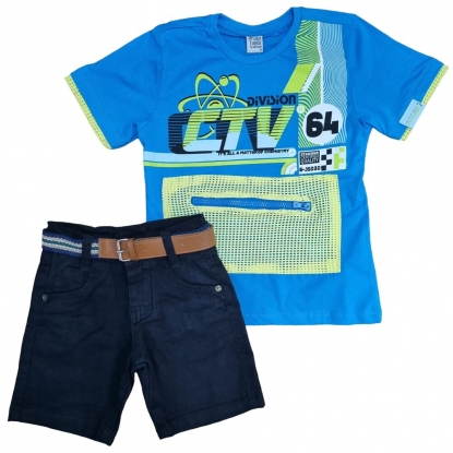 Bermuda Preta Com Cinto e Camiseta Azul CTV Infantil