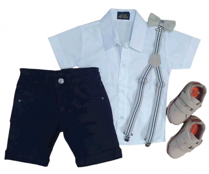 Bermuda Preta Jeans com Suspensório e Camisa Social Branca com Gravata