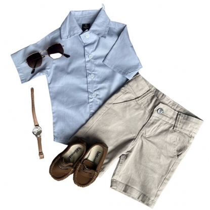 Bermuda Sarja Com Camisa Social Cinza Infantil