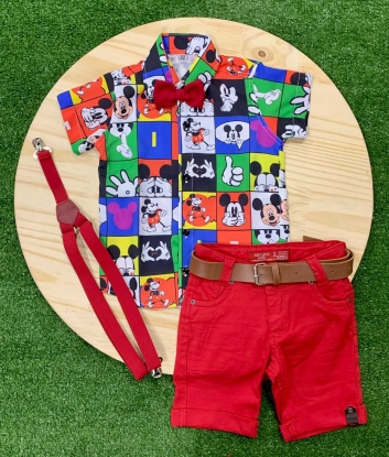 Bermuda Vermelha com Camisa Colorida Mickey Infantil