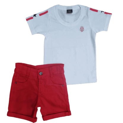 Bermuda Vermelha Jeans com Camiseta Branca com Detalhe Vermelho Infantil