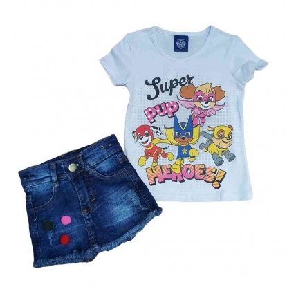 Blusinha Branca Heroes com Shorts Jeans Infantil