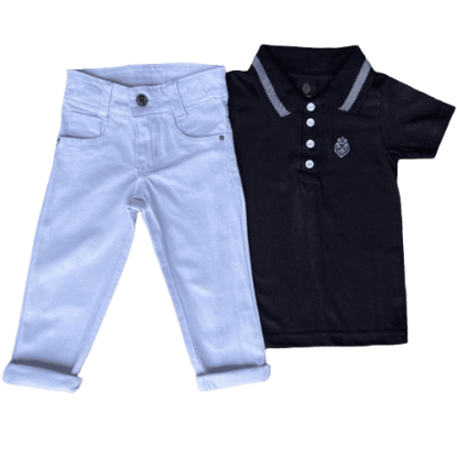 Calça Branca Jeans com Camiseta Polo Preta Leão Infantil