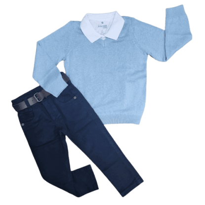 Calça Jeans Azul Marinho com Polo Branca e Suéter Azul Claro Infantil
