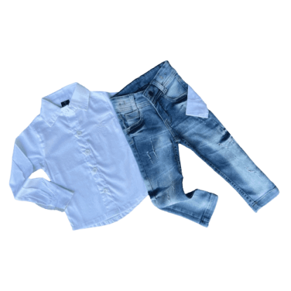 Calça jeans Clara com Camisa Manga Longa Branca Infantil
