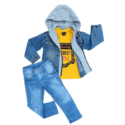 Calça Jeans com Camiseta Amarela e Camisa Jeans Infantil