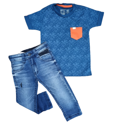 Calça Jeans com Camiseta com Bolso Azul Marinho Infantil