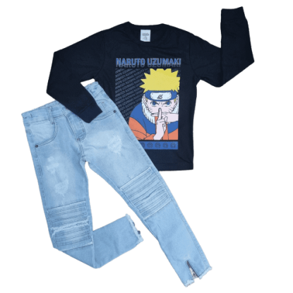 Calça Jeans com Camiseta Manga Longa Naruto Preta Infantil