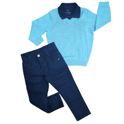 Calça Jeans com Polo Azul Marinho e Suéter Verde Água Infantil