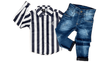 Calça Jeans Escura com Camisa Manga Longa Azul Marinho Listrada Infantil