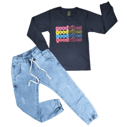Calça Jogger Jeans com Camiseta longa Good Vibes Infantil