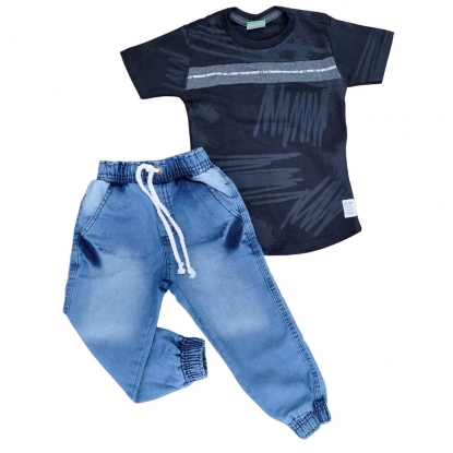 Calça Jogger Jeans com Camiseta Preta Infantil