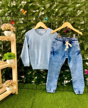 Calça Jogger Jeans com Suéter Azul Infantil