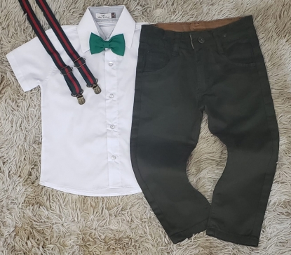 Calça Verde Musgo com Suspensório e Camisa Social com Gravata