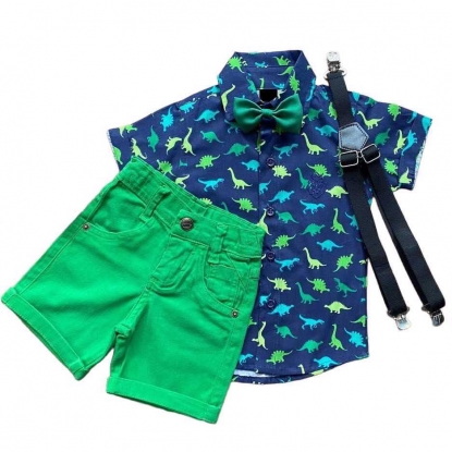 Camisa Azul Dino com Bermuda Verde Infantil