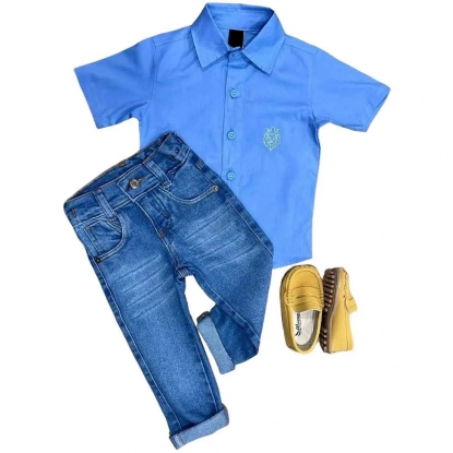 Camisa Azul Social Curta com Calça Jeans Infantil