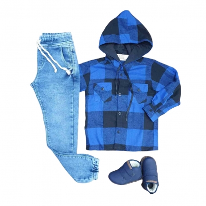 Camisa Azul Xadrez com Calça Jogger Infantil