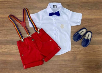 Camisa Branca Social com Bermuda Vermelha Infantil