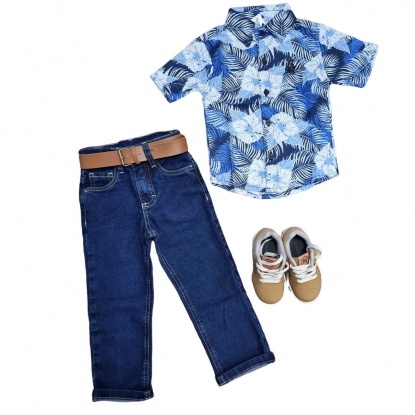 Camisa Floral Azul Curta com Calça Infantil